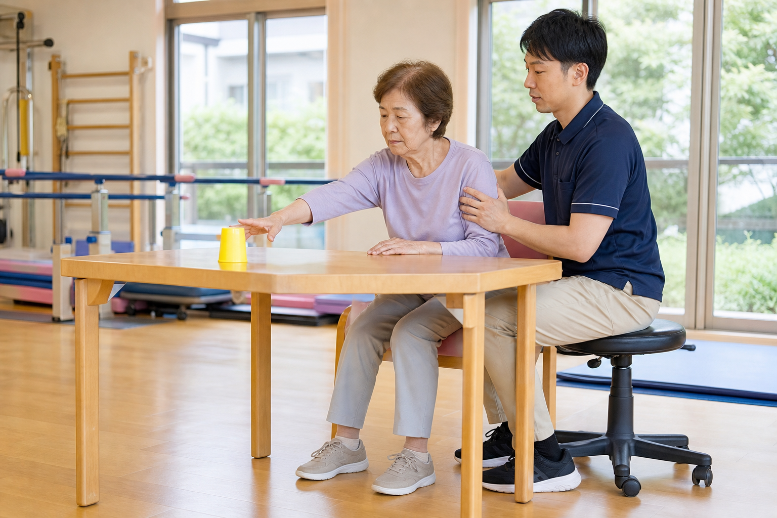 脳卒中後の方がセラピストの体幹安定化を受けながらコップへ手を伸ばす様子