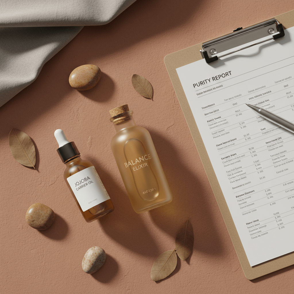 Lab-tested wellness oils and carrier oils in a clean product flat lay