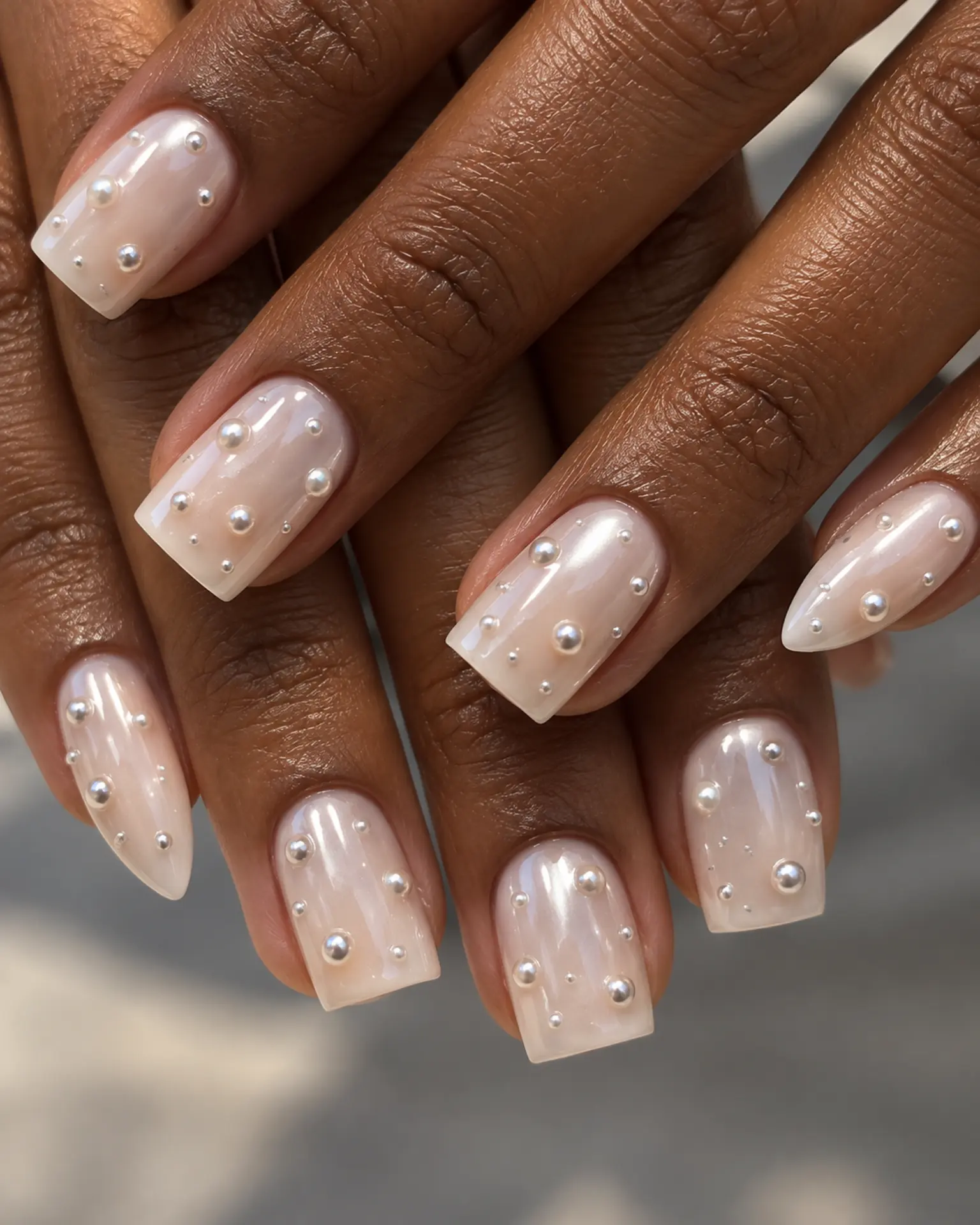 Pearl Chrome Dots manicure inspiration for short polka dot chrome nail ideas