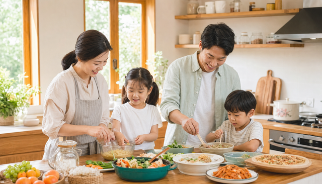 밝은 주방에서 한국인 가족이 다양한 전통 및 세계 요리를 함께 준비하는 따뜻한 장면