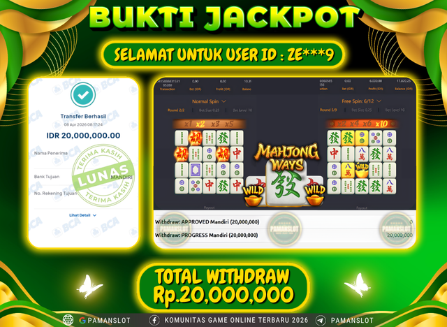 Selamat kepada Member PAMANSLOT Game Mahjong Ways : ZE***9
