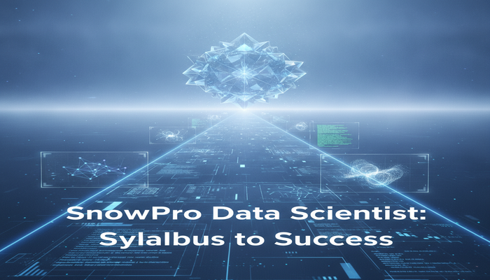SnowPro Data Scientist: Syllabus to Success A futuristic digital landscape with a glowing, structured pathway representing the Snowflake SnowPro Data Scientist (DSA-C03) syllabus, leading to a bright horizon symbolizing career success, with subtle holographic data science visualizations.