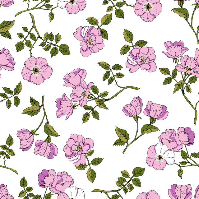 Hand Drawn Pink Wild Rose Botanical Seamless Vector Pattern.png