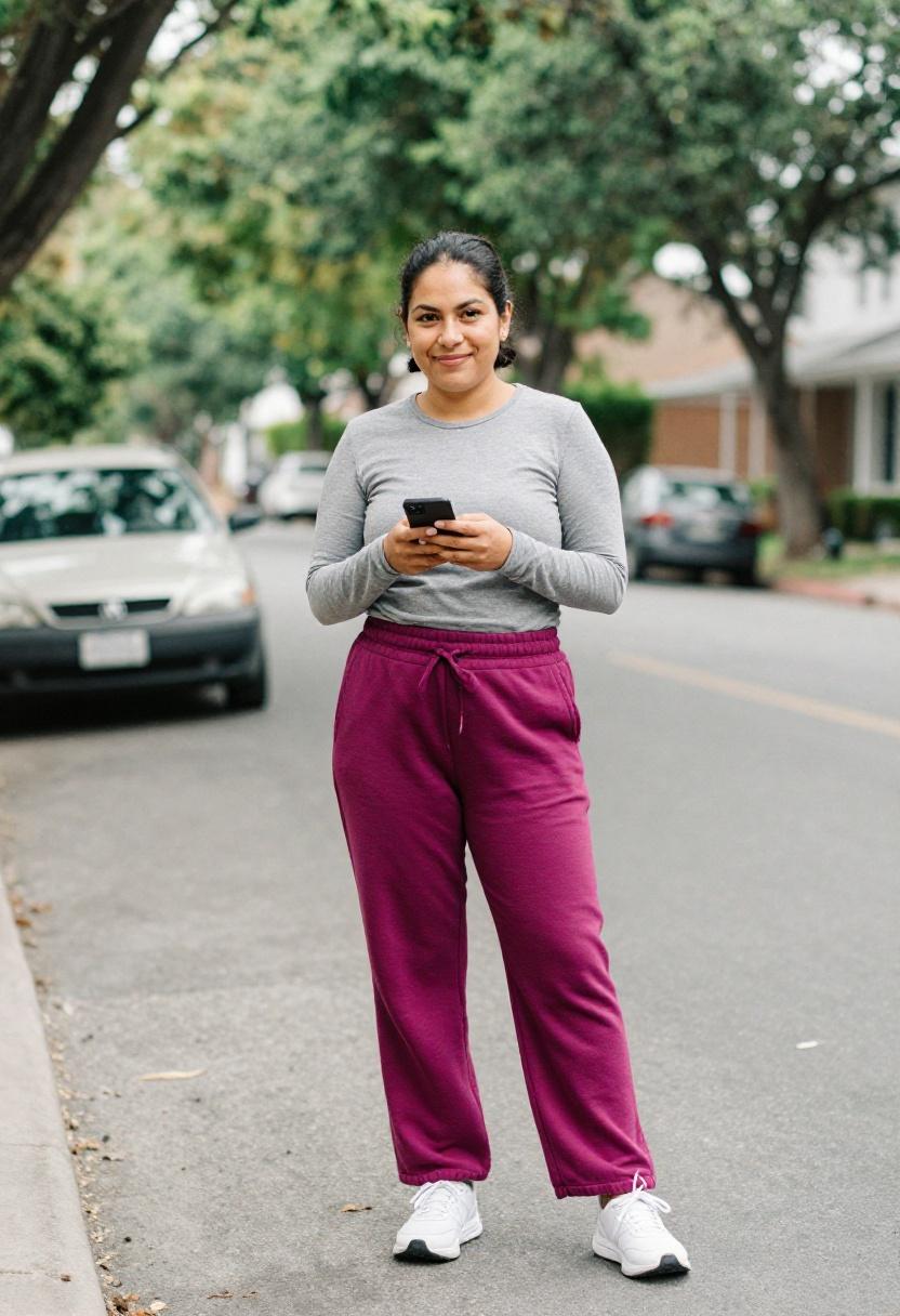 Deep magenta oversized sweatpants with grey top suburban street style