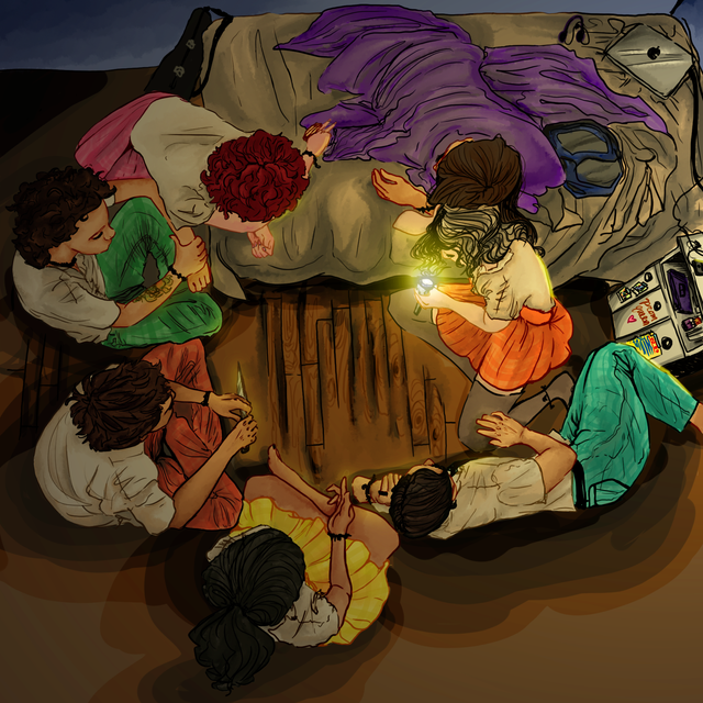 [image id: A circle of teenagers in a dimly lit room, all facing inwards toward one another. They wear similar uniforms with school emblems located somewhere on the pants, skirt, shirt, or jacket. The one holding the flashlight wears an orange skirt and has ashen blonde hair, next to her with his hand on her knee is a boy with teal pants and slicked-back hair. Beside him is a girl with a yellow skirt and dark hair touching knees with a boy with shaggy brown hair and red pants, wielding a knife between his fingers. Next to him is a boy with unruly curls and a forearm tattoo, in bright green pants, who is comfortably cuddled up with a fair-skinned girl with red curly hair and a pink skirt, who is holding hands with another girl wrapped in a purple blanket, with long dark hair. The girl in the blanket is resting her head atop the girl holding the flashlight.]