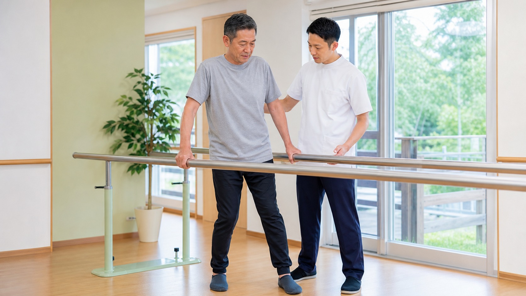 手すりを使ってバランス練習をするリハビリ場面