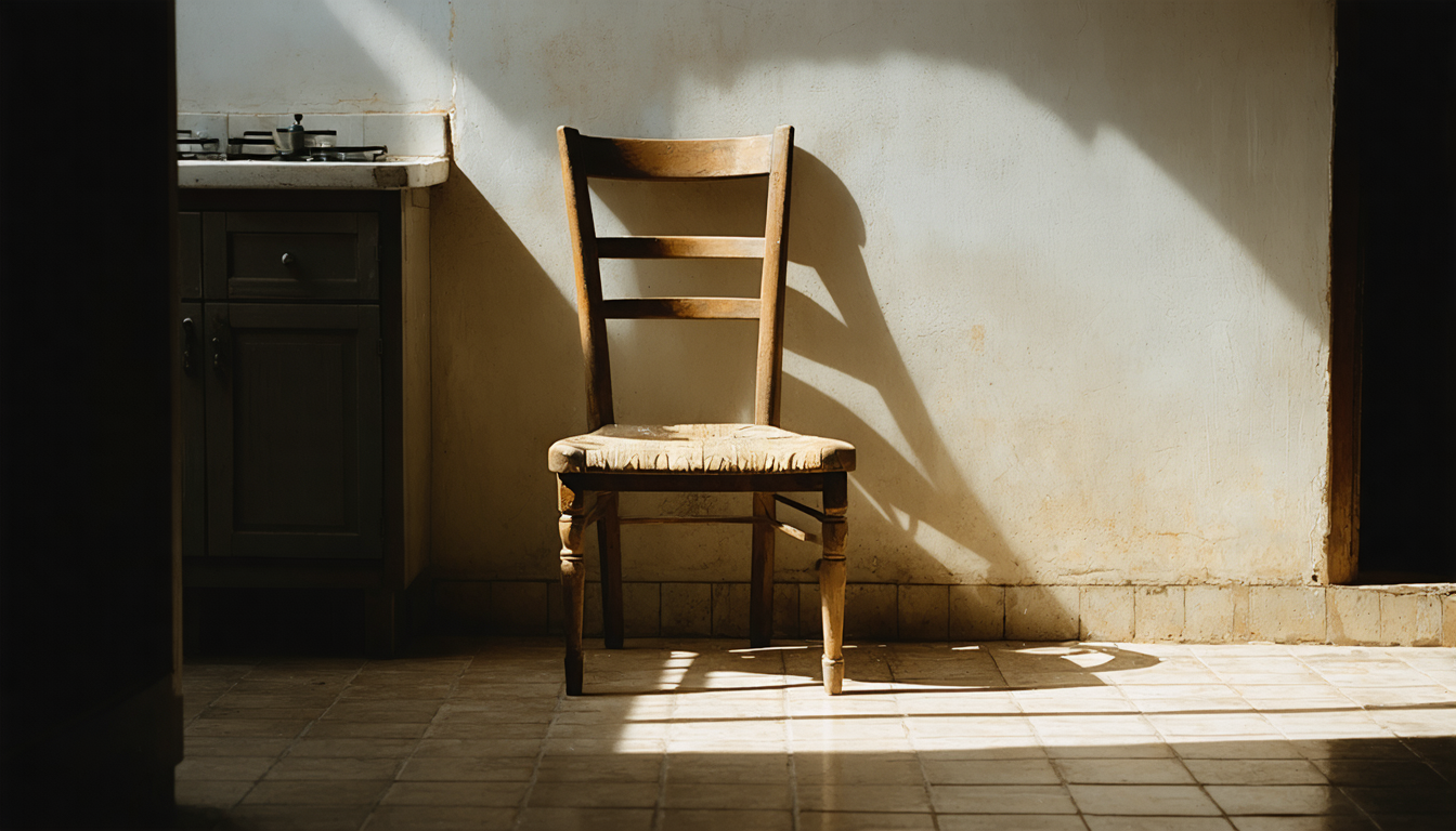 An empty wooden chair in a bare sunlit kitchen, afternoon light falling across the seat, no one there to have earned it.
