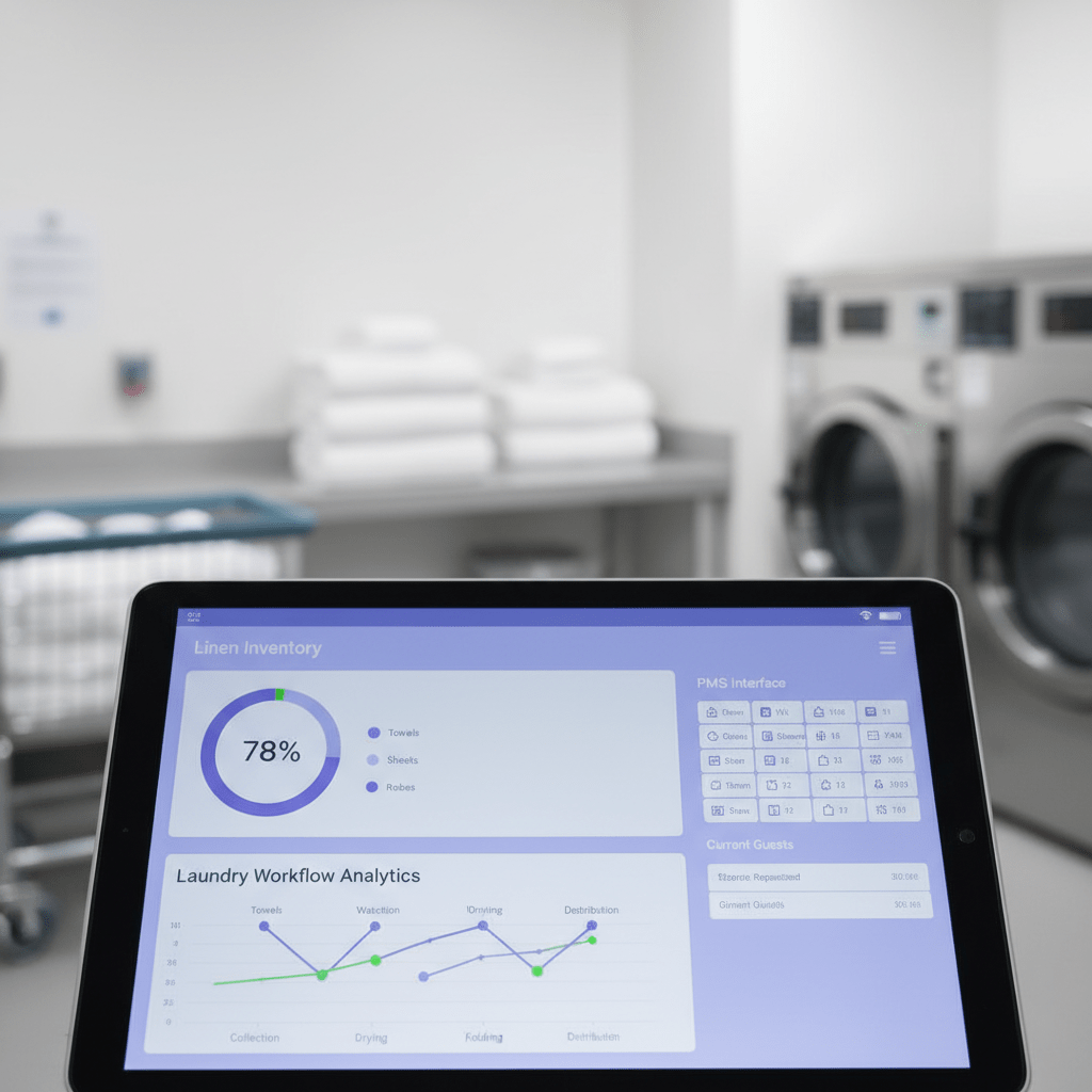 Hotel operations dashboard showing linen inventory charts and laundry analytics