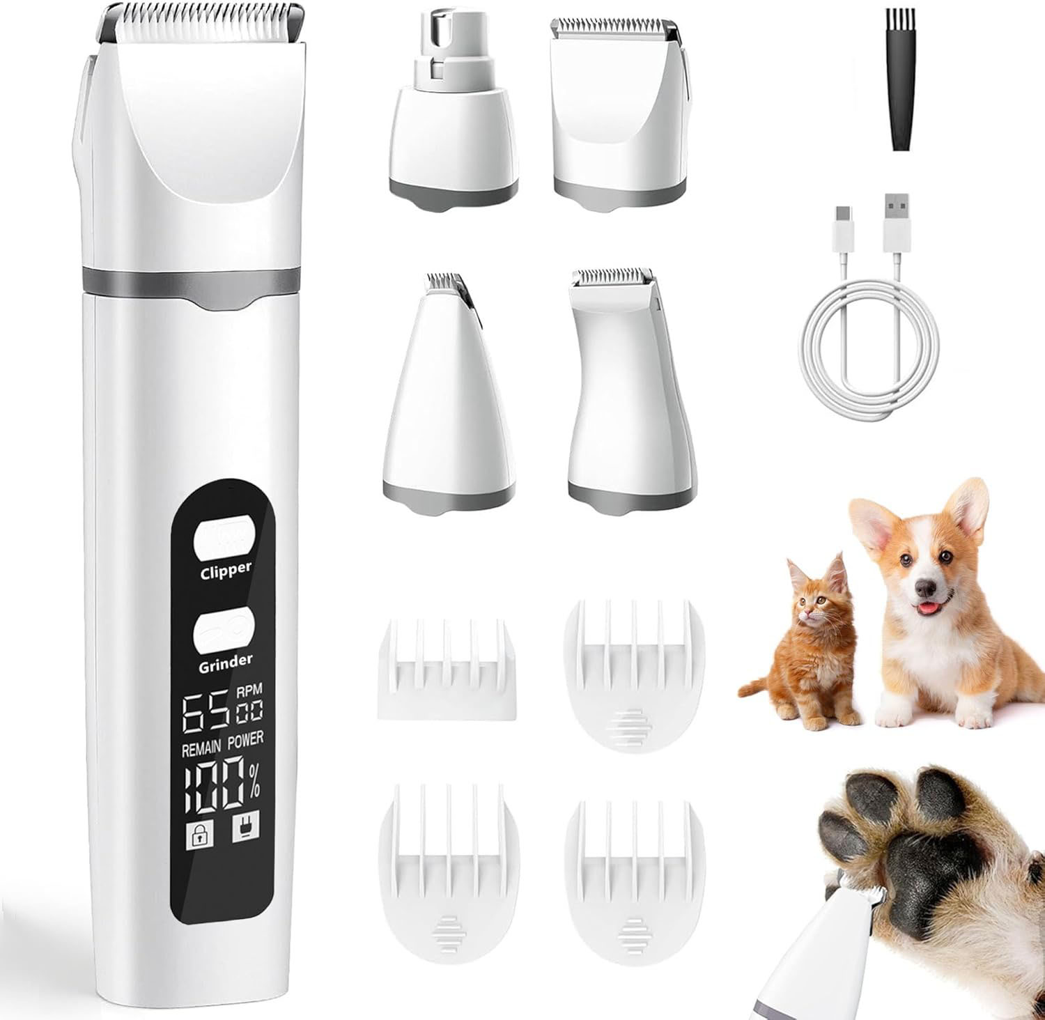 Pet Hair Clipper and Nail Grinder Kit Electric Dog Cat Grooming Trimmer with Multiple Heads and Digital Display