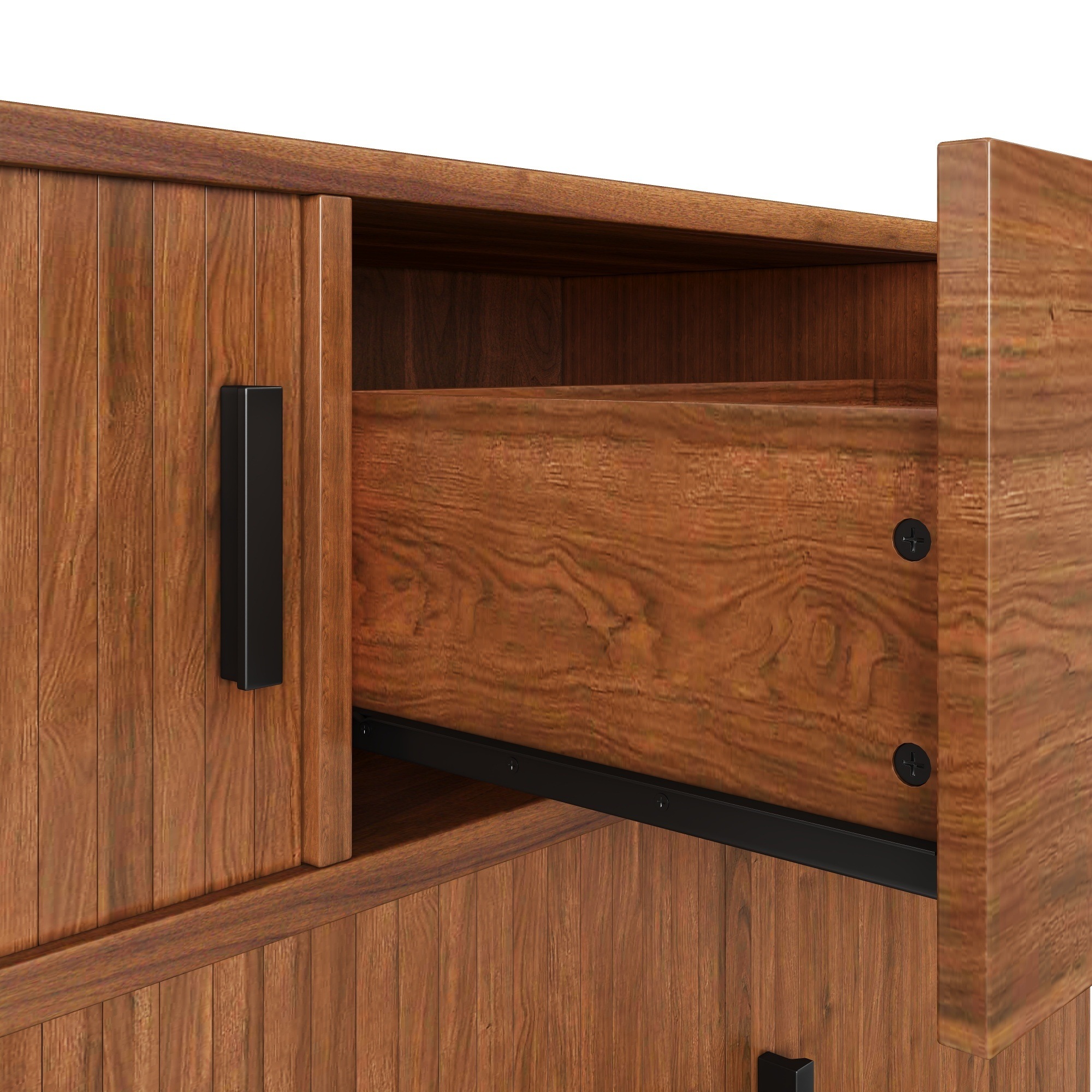 Buffet Noyer, Rangement, Portes Coulissantes, Design Moderne, Gain de Place, Fonctionnel - 110x35x81.5cm - Salon et Salle à Manger 6