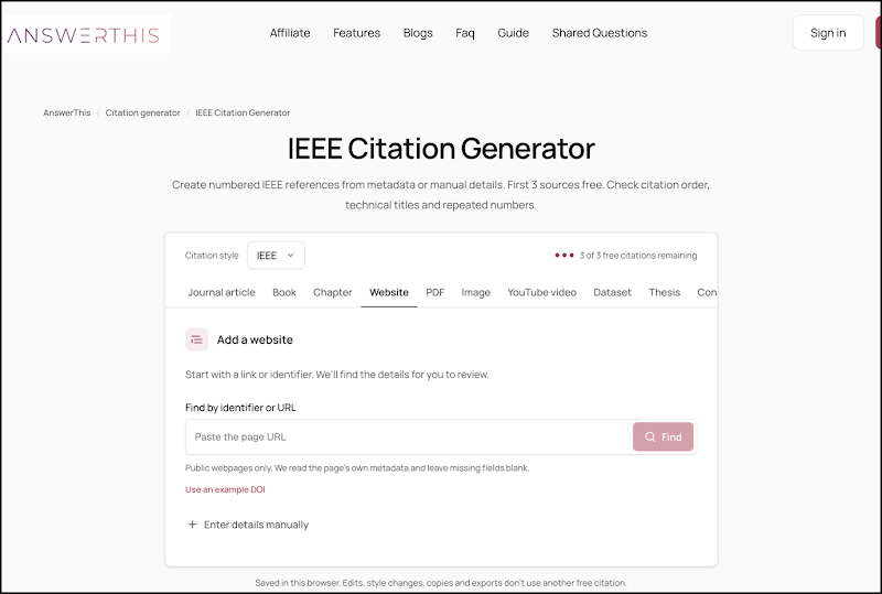 Website screenshot showing AnswerThis IEEE Citation Generator, designed to create numbered IEEE references from metadata or manually entered details. Interface includes citation-style selector, source tabs, website URL/DOI field, Find button and manual-entry option.