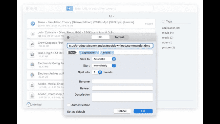 Folx Pro Mac — download manager window showing active tasks, threads and tags