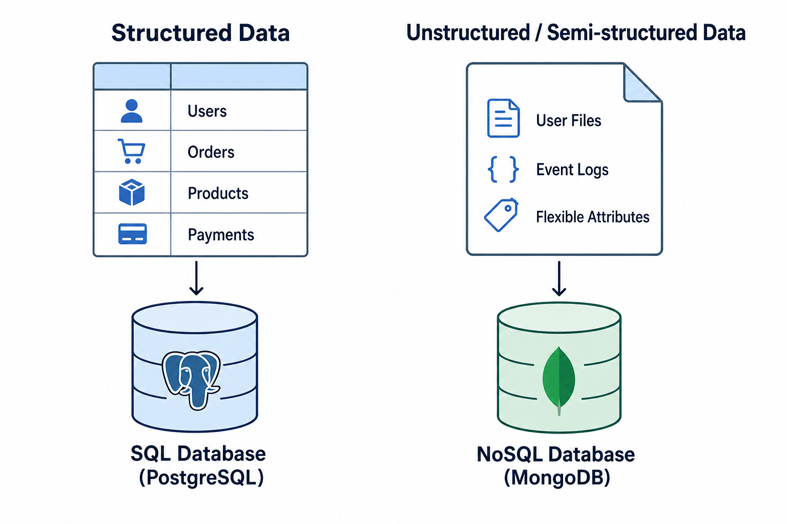 Diagram showing structured vs unstructured data with common application data categories like users, orders, products, and payments mapped to SQL and NoSQL databases