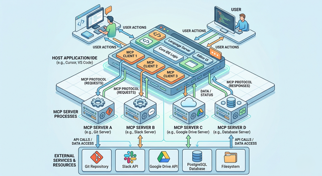 MCP architecture diagram showing Host containing LLM and multiple MCP clients connecting to separate MCP servers via stdio and HTTP transport