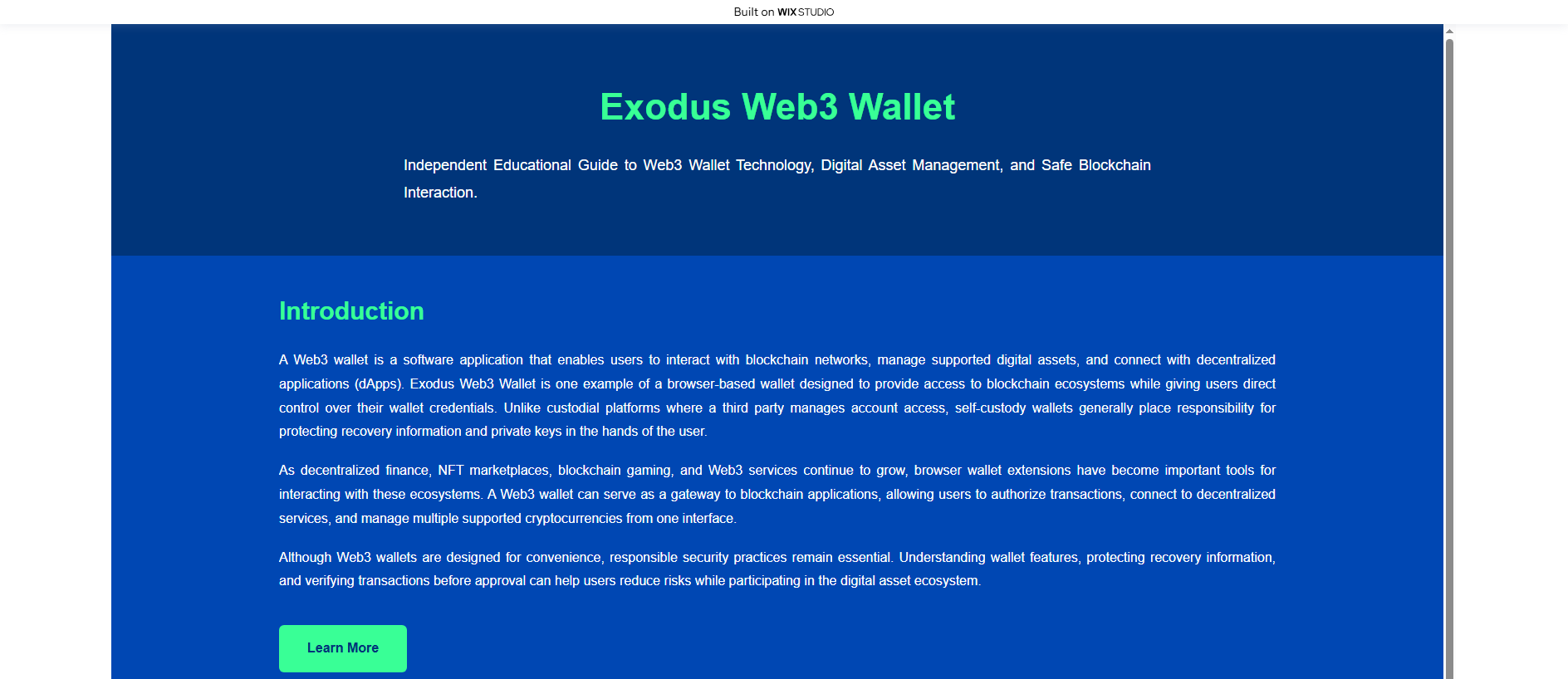 Forensic screenshot of webintro-exo-dus.wixstudio.com showing the phishing page layout