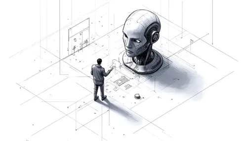 거대한 AI 로봇 머리와 마주 보며 논리적 구조를 설계하는 사람의 청사진 스타일 일러스트. AI 프롬프트 설계 및 프롬프트 엔지니어링의 핵심 원리를 시각화한 이미지