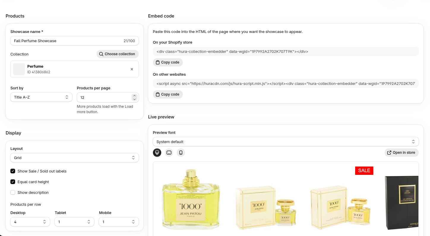 Hura Product Showcase Builder showcase editor with embed code and live preview