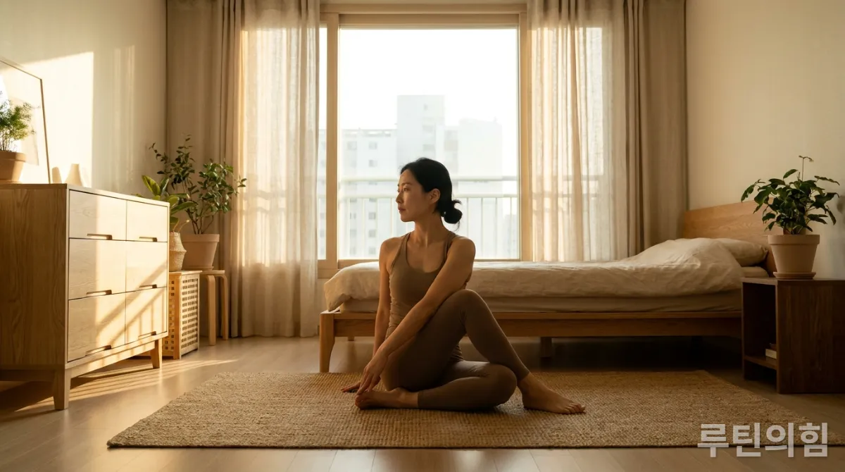 30대 한국인이 조용하고 미니멀한 침실에서 부드러운 자연광 아래 가벼운 요가 또는 스트레칭을 하는 모습