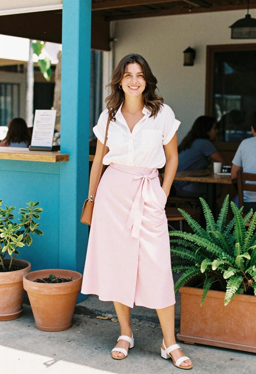 fuchsia wrap midi skirt white shirt spring weekend outfit