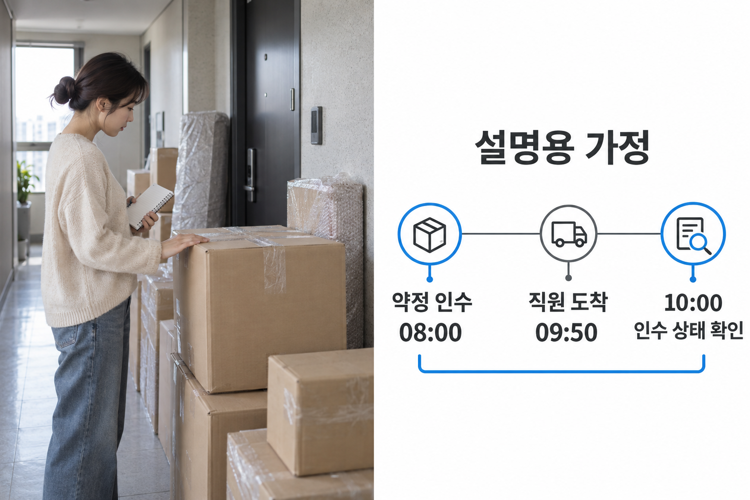 오전 8시 약정부터 10시까지 정확히 2시간인 가정 예시와 직원 도착·화물 인수 상태의 구분