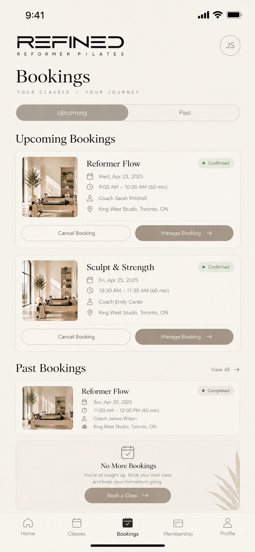 Booking screen for a Reformer class