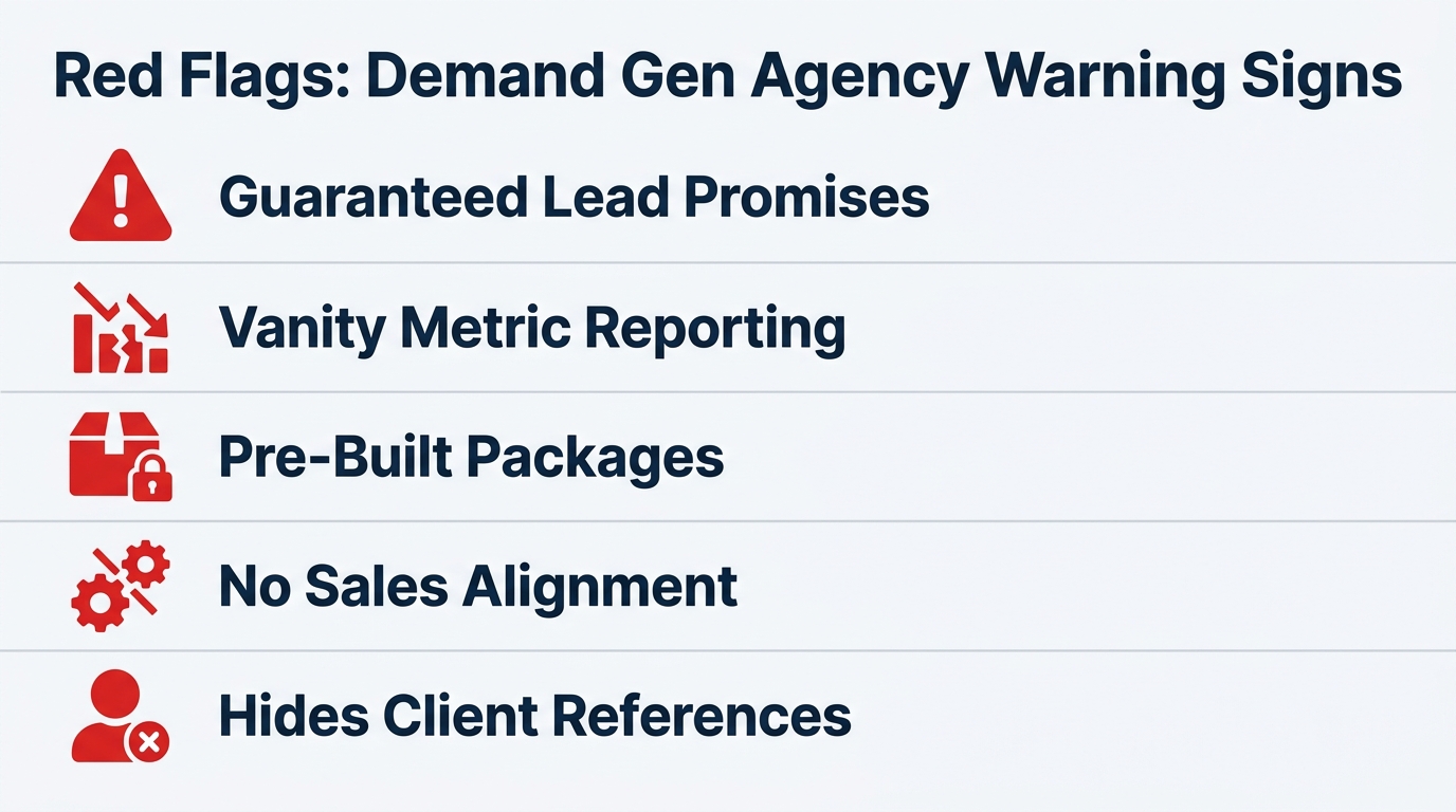 Five-item warning checklist of red flags to avoid when hiring a B2B demand generation agency
