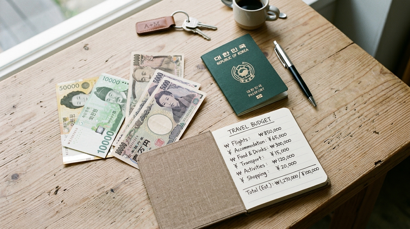 Korean won and Japanese yen banknotes with Korean passport and travel budget notebook on wooden table
