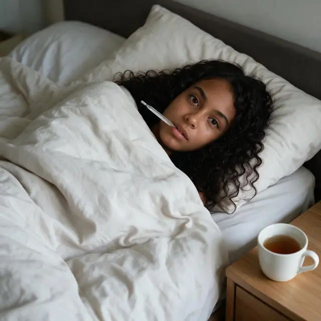 Lying sick under the covers, with a thermometer in her mouth and a cup of tea on the bedside table.