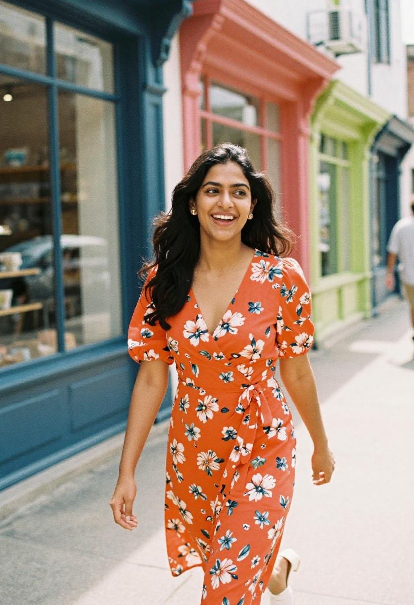 Tangerine floral wrap dress for Easter Sunday stroll with someone special