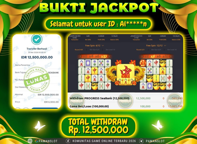 Selamat kepada Member PAMANSLOT Game Mahjong Ways  : AI*****N