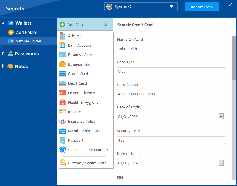 Folder Lock 10 secure wallet screen for storing protected card and banking details