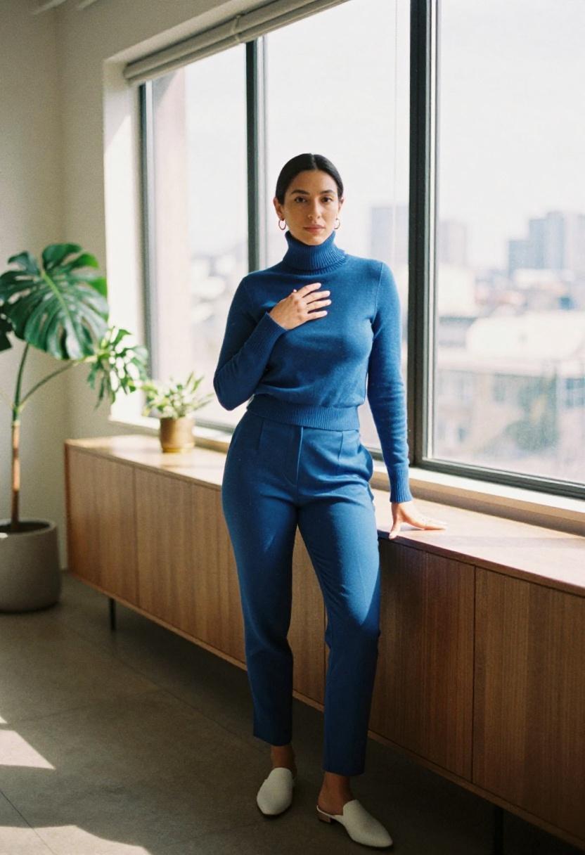 Cobalt blue turtleneck with camel trousers in a sun-drenched loft WFH look