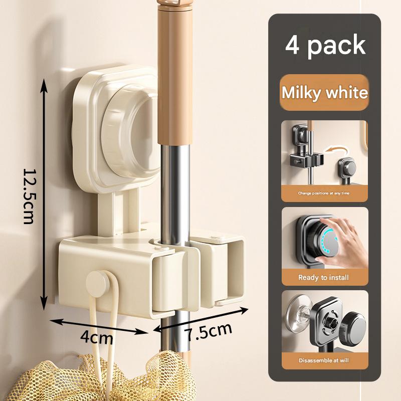 4 pack Milky white Suction Cup Mop and Broom Holder Wall Mount - No Drill Adhesive Hook for Bathroom, Kitchen and Laundry, Strong Hold Reusable Storage Organiser for Cleaning Tools