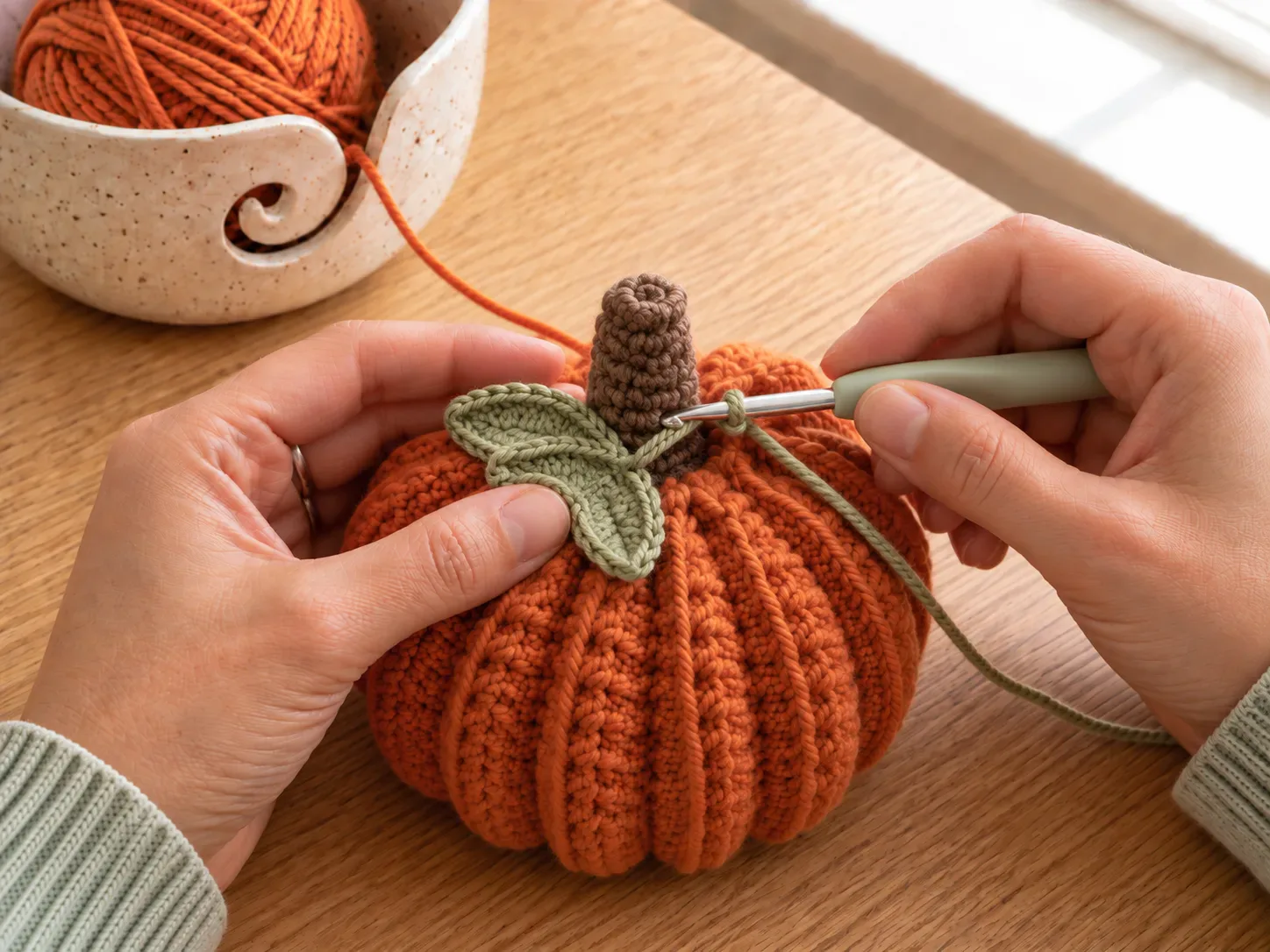 Add the stem and leaf — Finish the top with a simple stem and optional leaf accent.