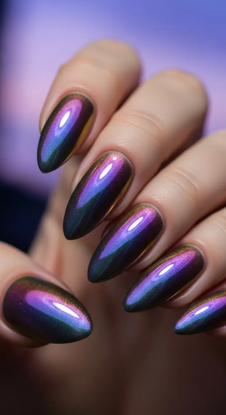 Twilight Purple Iridescent Almond Nails