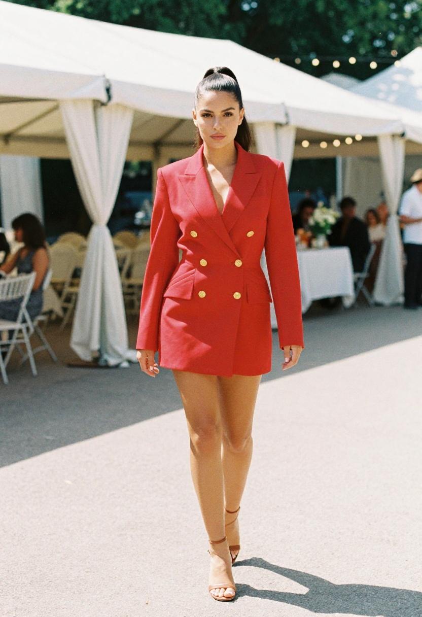 Crimson blazer dress with gold details worn with a power stride at a wedding celebration