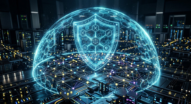 A glowing digital shield protecting a network of data nodes, symbolizing robust security, governance, and data protection.