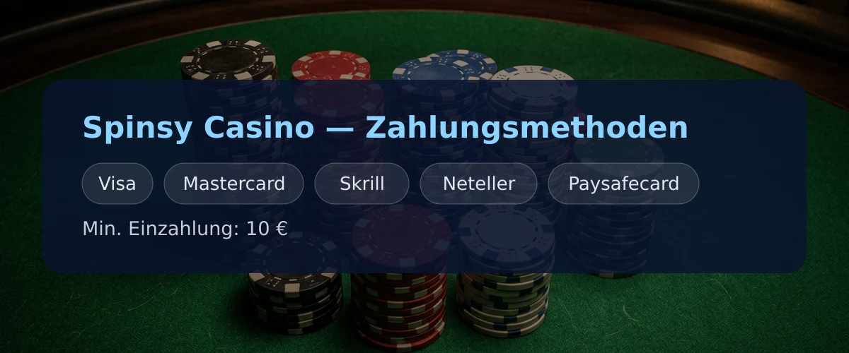 Spinsy Casino — Zahlungsmethoden: Visa, Mastercard, Skrill, Neteller, Paysafecard