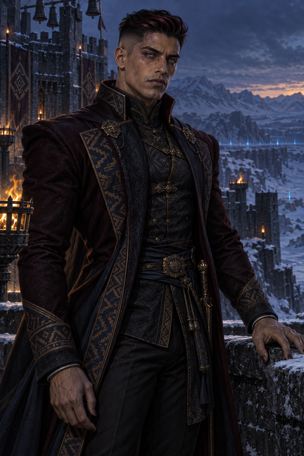 Marquess Leandro Quiroga, a muscular vrykolak with black-cherry hair, cerulean gold-flecked eyes, and a sharply tapered build.