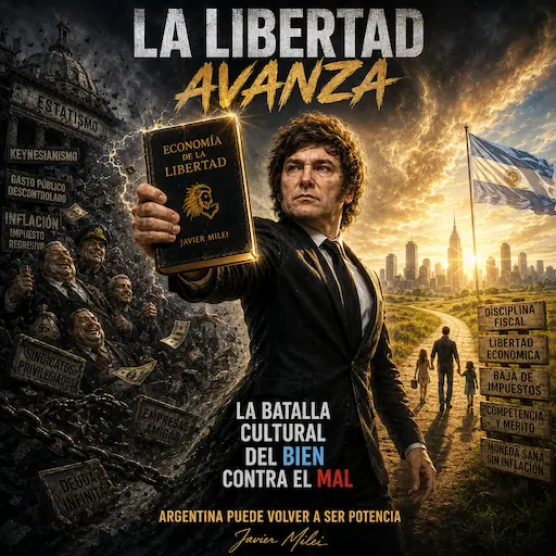 Imagen ilustrativa de Javier Milei con un libro en la mano desafiando a la casta keynesiana.