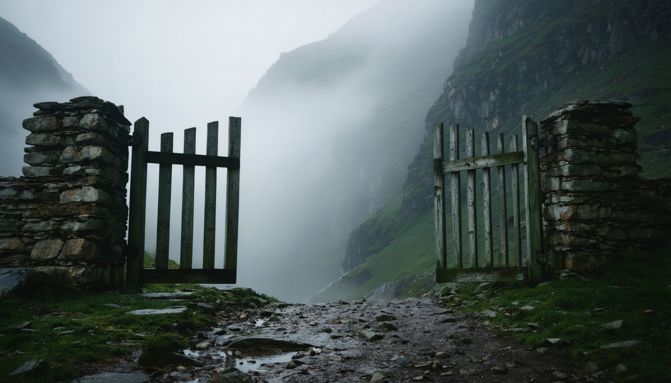 A perfectly unguarded gate that somehow still controls everything passing through it — the bureaucratic dream made pastoral.