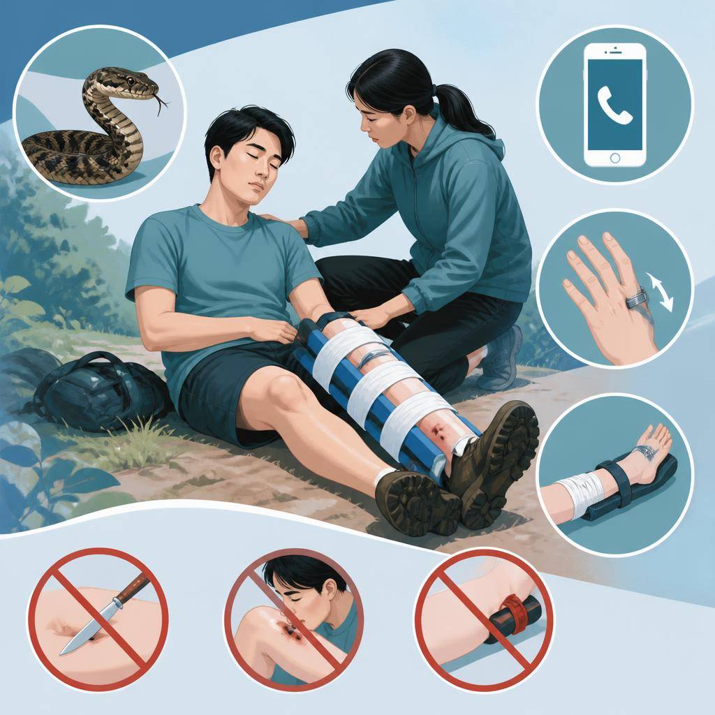뱀물림 응급처치를 설명하는 한국어 안전 인포그래픽, 환자가 움직임을 최소화하고 팔이나 다리