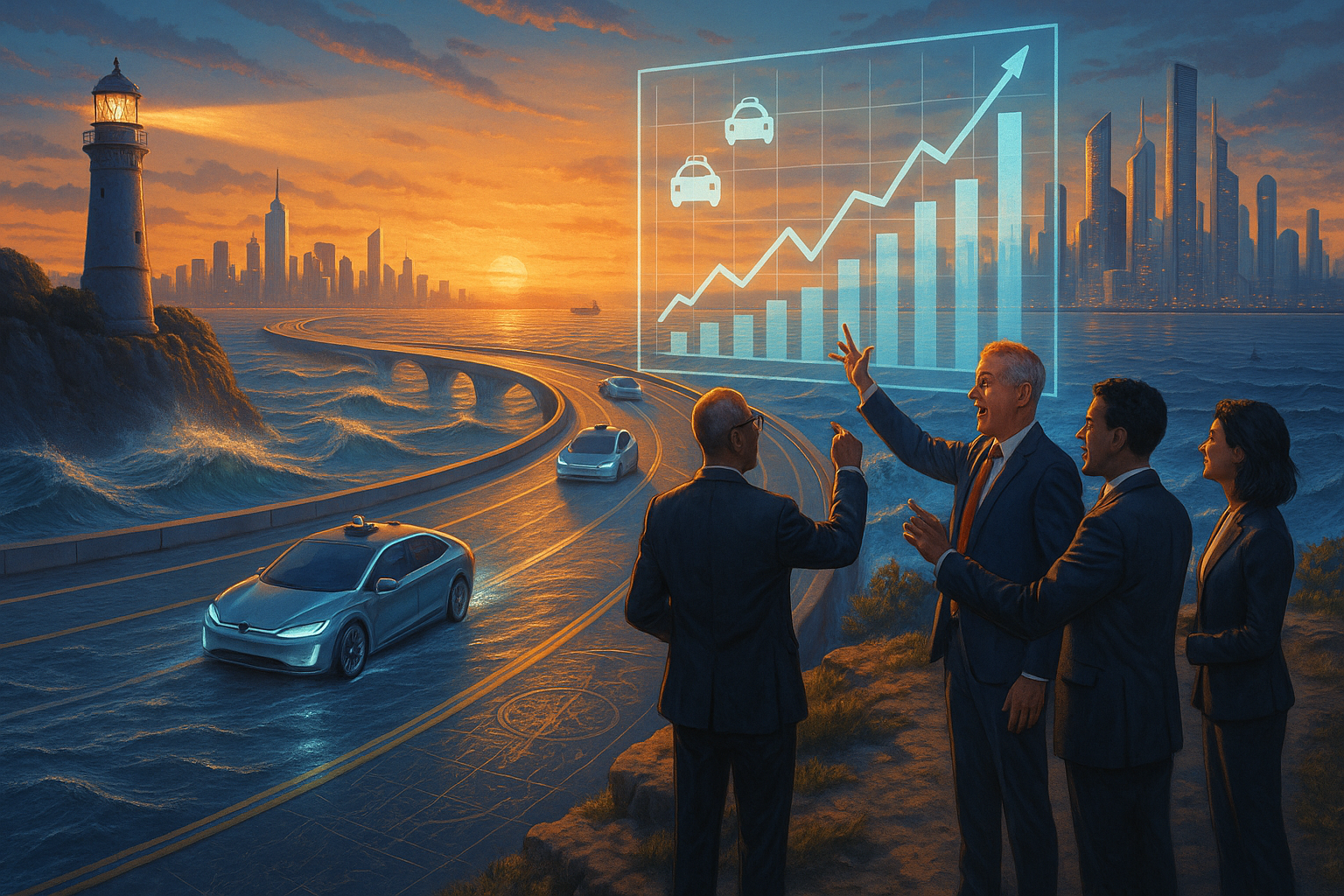 Concept image of autonomous robotaxi vehicles navigating a futuristic city, highlighting global tech advancements