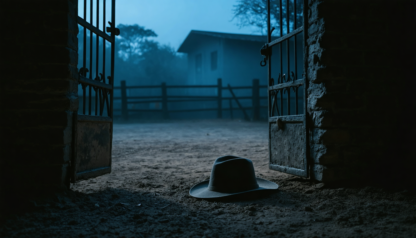 An empty animal enclosure at dusk with an open gate and a single hat lying on the packed earth just inside the threshold.