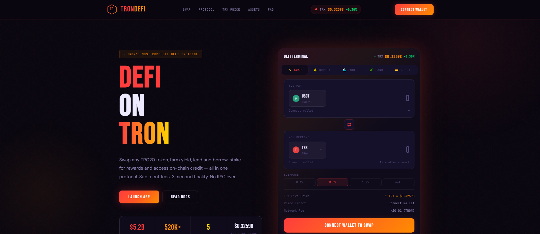 Forensic screenshot of trondefi.fun showing the phishing page layout