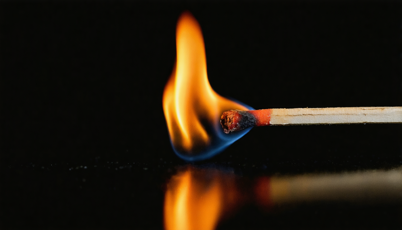 A single lit match burning against a dark background, its flame reflected on a polished surface below
