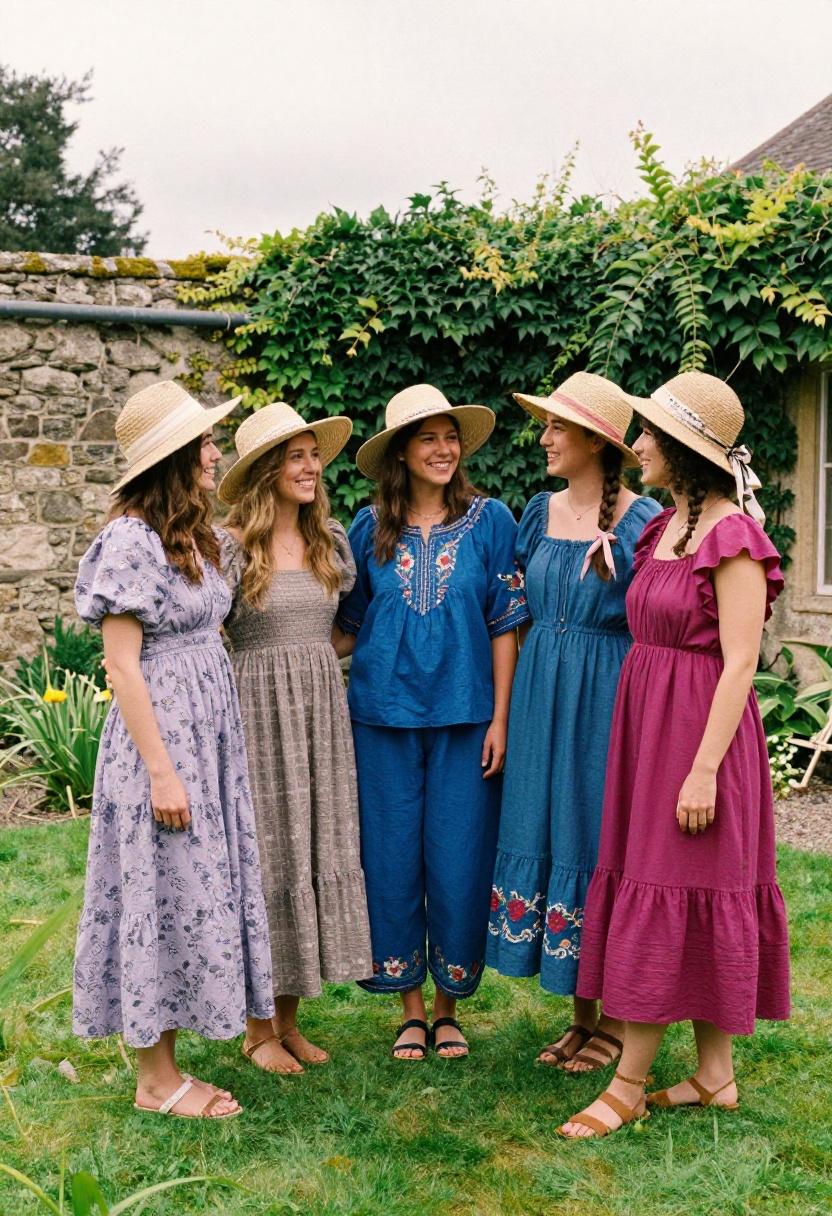 Three women in bold cottagecore dresses in lavender, cobalt, and magenta in an ivy-draped garden courtyard