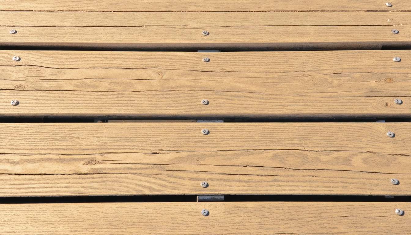 Overhead view of a sun-bleached wooden deck with wide gaps between warped planks in harsh light.