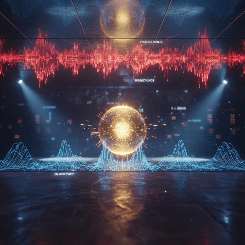 An abstract representation of a glowing ball bouncing between a floor and ceiling, symbolizing support and resistance.