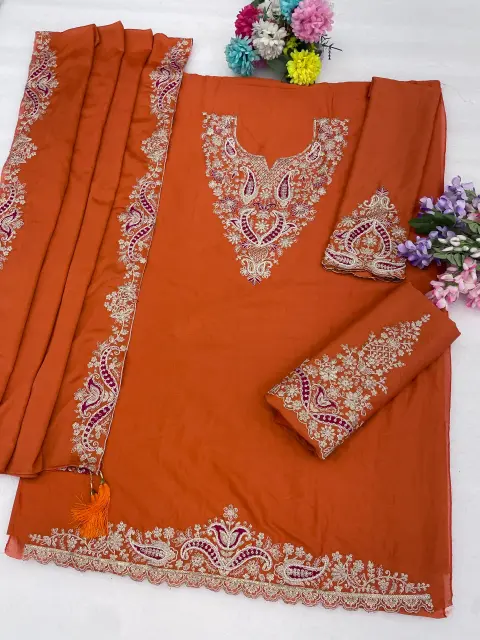 Orange color Designer Embroidered Sharara suit close up